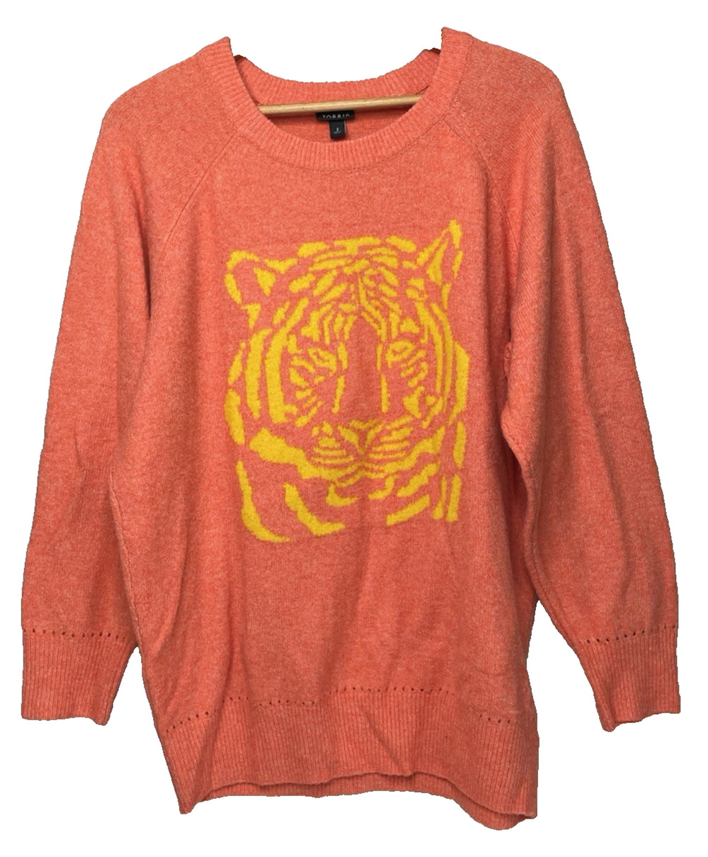 Torrid Size 2 18/20 Coral Orange Yellow Tiger Graphic Knit Sweater